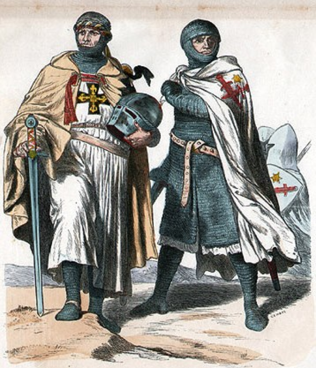 Zwei Männer in mittelalterlicher Kleidung, einer hält ein Schwert und der andere einen Helm, mit Text unten: "Die Ritter des Mittelalters".