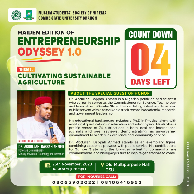 Plakat zur Premiere von "Entrepreneurship Odyssey 1.0: Nachhaltige Landwirtschaft kultivieren", das eine Person in einem weißen Hemd zeigt, die ein Mikrofon hält und entschlossen aussieht.