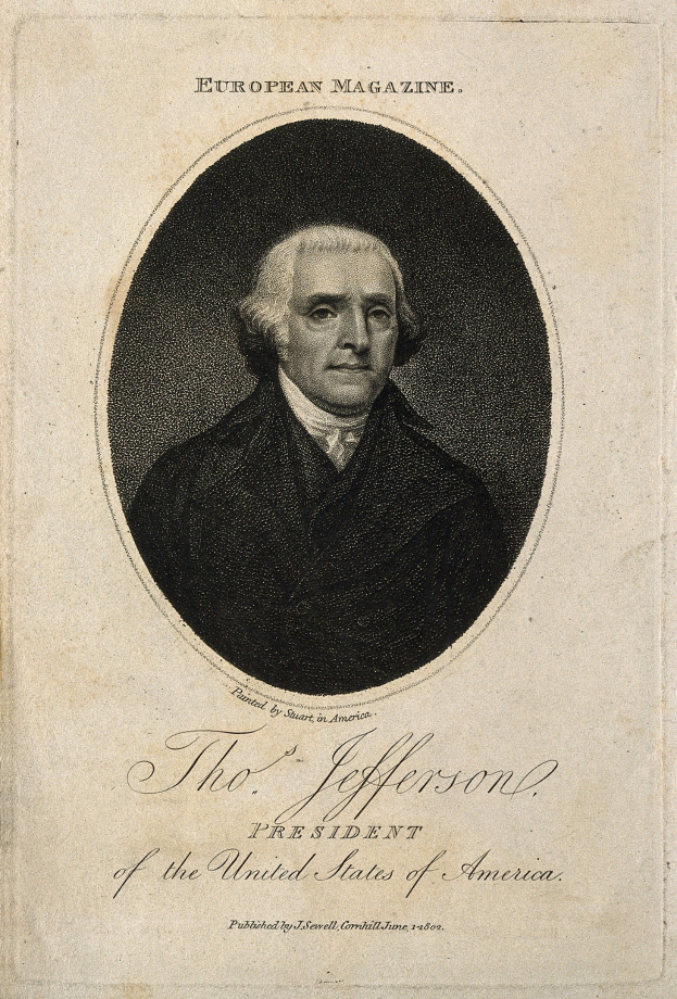 Porträt von Thomas Jefferson, Präsident der Vereinigten Staaten, auf dem Cover des European Magazine, in Schwarz angezogen und mit ernstem Gesichtsausdruck und zurückgekämmten Haaren.
