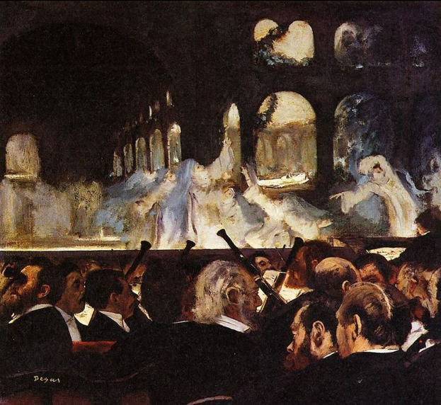 Gemälde mit dem Titel "Das Konzert in der Oper" von Edgar Degas, das eine Gruppe von Menschen in einem Raum zeigt, einige halten Musikinstrumente, mit Säulen und einer Wand im Hintergrund und Text oben und unten.