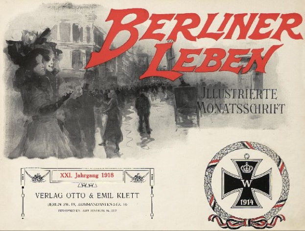 Alter Buchumschlag mit dem Titel "Berliner Leben", der eine Gruppe von Menschen in einer feierlichen Umgebung und ein deutsches militärisches Logo zeigt.