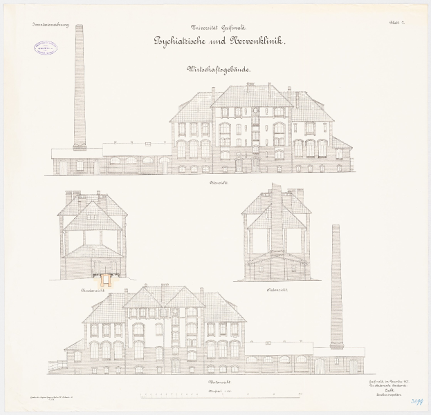 Eine Zeichnung eines mehrstöckigen Gebäudes mit zahlreichen Fenstern und einem Schornstein, identifiziert als eine Psychiatrie in Deutschland, begleitet von handgeschriebenem Text auf demselben Papier.