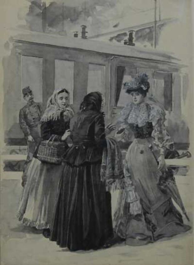 Schwarz-weißes Foto einer Gruppe von Frauen, die neben einem Zug stehen, eine hält einen Korb, mit einer Person im Hintergrund im Zugfenster und Text unten mit der Aufschrift "Druck aus dem Leben und der Zeit der ersten Lady der Vereinigten Staaten von Amerika von anonym."