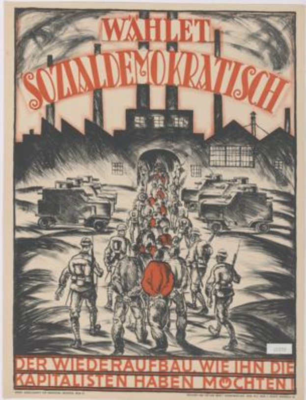 Ein deutsches Propagandaplakat für die Nationalsozialistische Deutsche Arbeiterpartei der Sowjetunion, das eine Gruppe von Menschen und Fahrzeugen im Vordergrund und ein Gebäude im Hintergrund zeigt, mit der Aufschrift "Wählt Sozialdemokratisch - der Wiederaufbau wie die Kapitalisten ihn haben möchten".
