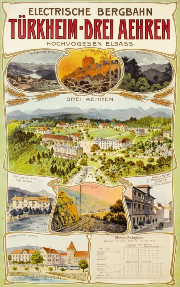 Plakat für Bergbahn, Deutschland als elektrisches Stadt mit Bildern von Gebäuden, Bäumen, Hügeln und beschreibendem Text.