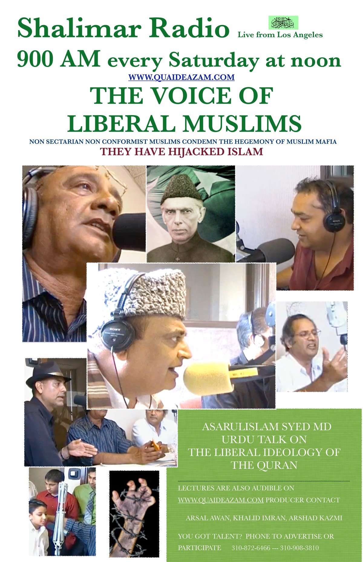 Plakat für die Radioshow "Die Stimme der liberalen Muslime" mit Abbildungen von Menschen mit Headsets und Mikrofonen in einem Gespräch.