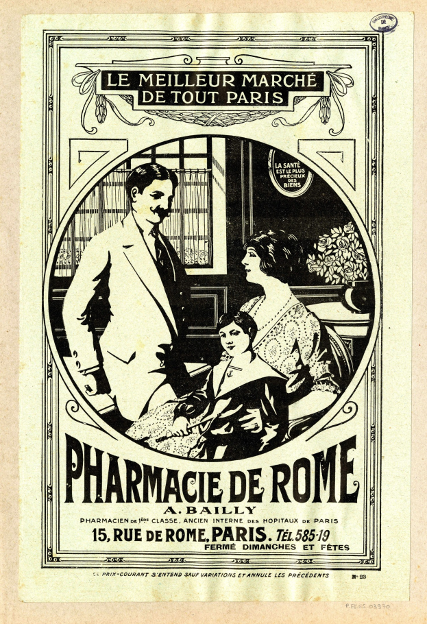 Schwarz-weiß-Werbung fär eine Apotheke in Rom, die einen Mann und eine Frau nebeneinander zeigt, mit Text, der die Apotheke und ihre Dienstleistungen beschreibt.