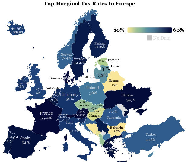 Eine Europakarte mit Farben, die die Spitzensatzsteuer pro Land anzeigen, und der Titel "Spitzensatzsteuern in Europa" oben.
