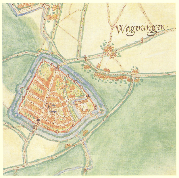 Detailiertes Stadtplanplakat von Wageningen, Deutschland, das Straßen, Gebäude und Sehenswürdigkeiten mit zusätzlichen Textinformationen zeigt.