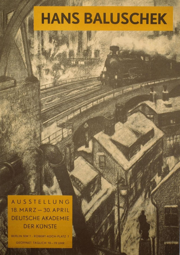 Buchumschlag mit einer Zug-Illustration, umgeben von Gebäuden, Bahnschienen und Rauch, betitelt "Hans Baluschek - Ausstellung 18. März - 30. April".