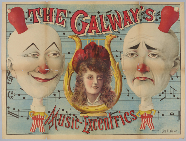 Ein Plakat für die Galway Music Excentrics mit einer Frau in der Mitte und zwei Clowns daneben, mit Text über die Zirkusvorstellung und ihre Künstler.