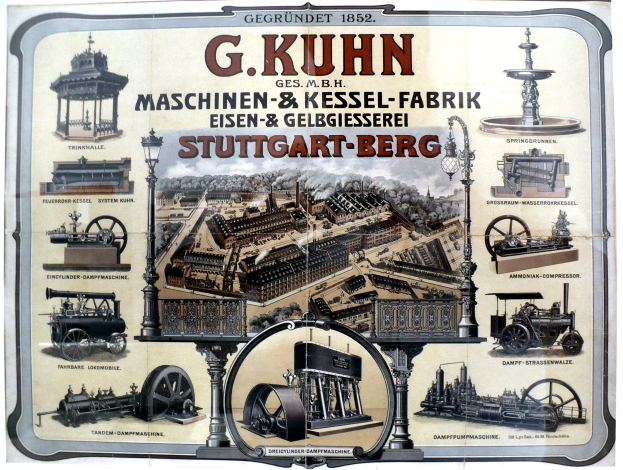 Werbeposter für G. Kuhn's Stuttgart-Berg Maschinenbau mit Bildern von Maschinen und Text.