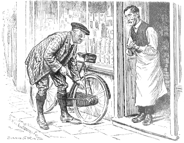 Ein alter Mann in einer Mütze steht neben einem Fahrrad vor einem Laden mit einer Tür, verschiedene Gegenstände im Hintergrund und Text unten.