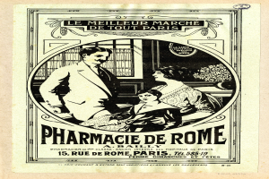 Eine alte Werbung für eine Apotheke in Rom, die einen Mann und eine Frau zeigt, die nebeneinander stehen, mit Text, der die Apotheke und ihre Dienstleistungen beschreibt.