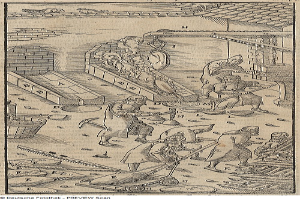 Eine Gravur einer Gruppe von Menschen, die in einer Fabrik arbeiten, wobei einige Werkzeuge halten und ein Plakat im Hintergrund Text und Bilder zeigt.