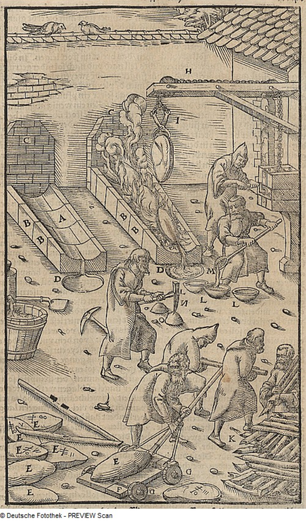 Eine Gravur einer Gruppe von Menschen, die in einer Fabrik arbeiten, wobei einige Werkzeuge halten und ein Plakat im Hintergrund Text und Bilder zeigt.