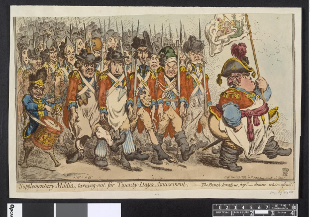 Gruppe von Männern in Militäruniformen marschiert auf einer Straße, einer hält einen Stock, mit Text 'Ergänzungsmilitär, zum 20-tägigen Vergnügen' unten.