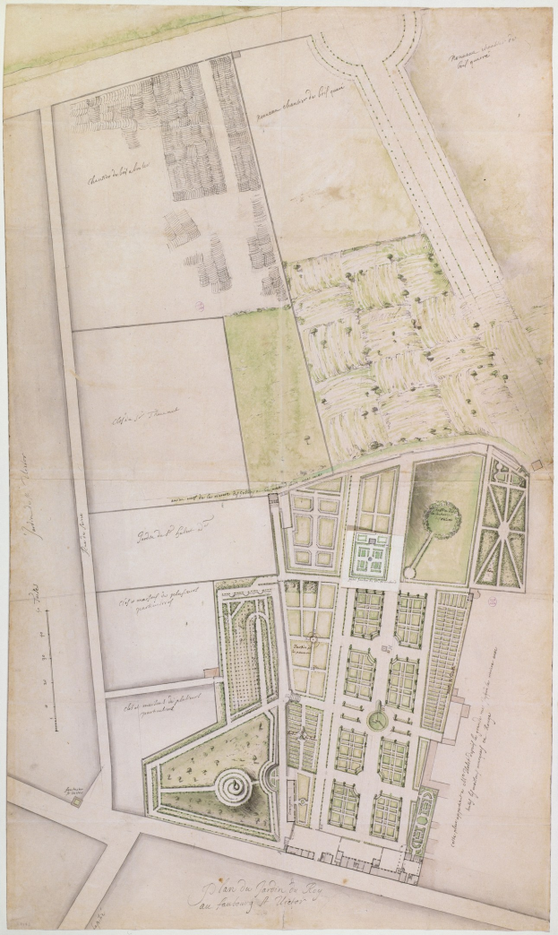 Ausführlicher Stadtplan auf Papier mit Gebäuden, Bäumen, Straßen, Parks und Landmarken mit begleitendem Text.