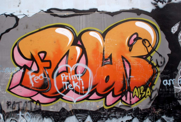 Ein buntes Graffiti an einer Wand mit dem Text "album - graffitis dept 93 tom 006", das verschiedene Formen und leuchtende Farben zeigt.