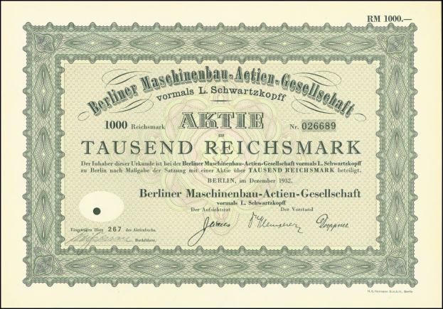 Alter deutscher Aktienchein mit schwarzem und grünem Rand, der gedruckten Text enthält, der die Ausgabe durch die deutsche Regierung angibt.