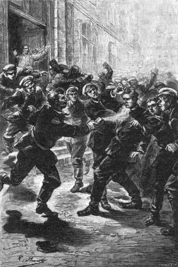 Schwarz-weiß-Illustration einer gewalttätigen Straßenschlacht unter einer Gruppe von Männern, mit einem Gebäude im Hintergrund und der Unterschrift "Victorian riots in London, England" unten.