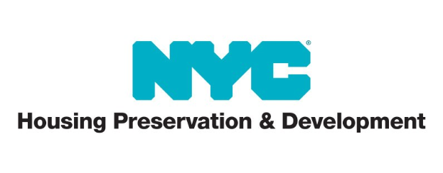 Weißer Hintergrund mit zentrierter fetter schwarzer Schrift "NYC Housing Preservation & Development" in einer modernen Schriftart, umgeben von einem schmalen schwarzen Rand.