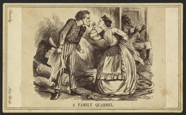 Ein Familienstreit, dargestellt mit einem Mann, der ein Objekt hält und einer Frau neben ihm, mit dem Text "ein Familienstreit" unten.