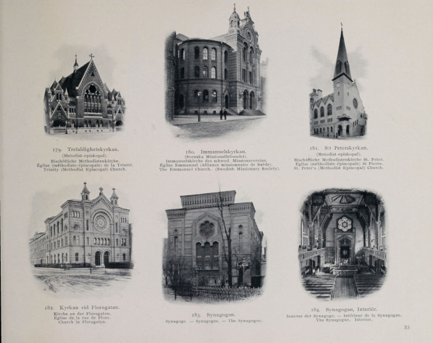 Schwarzes und weißes Foto von sechs verschiedenen Gebäuden mit unterschiedlichen Architekturstilen, begleitet von beschreibendem Text.