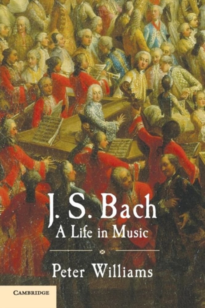Plakat mit dem Titel "Ein Leben in der Musik" von J.S. Bach mit einer Gruppe von Menschen, die Musikinstrumente spielen.