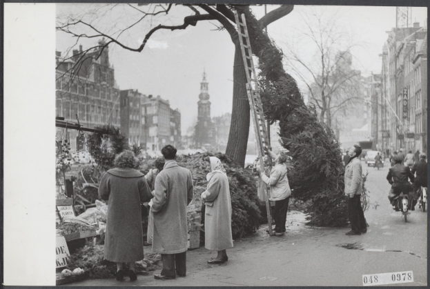 Eine Gruppe von Menschen steht um einen schwarz-weißen Weihnachtsbaum auf einer Straße mit einer Leiter daneben, Gebäude und Bäume im Hintergrund, klarer Himmel und eine Person, die rechts auf einem Fahrrad fährt.