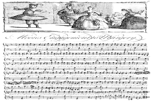 Eine Schwarz-Weiß-Zeichnung einer Gruppe von Menschen in historischer Kleidung, die um ein Blatt Musik tanzen, das den Titel 'Moores Engagement zu Chirurgie' trägt.