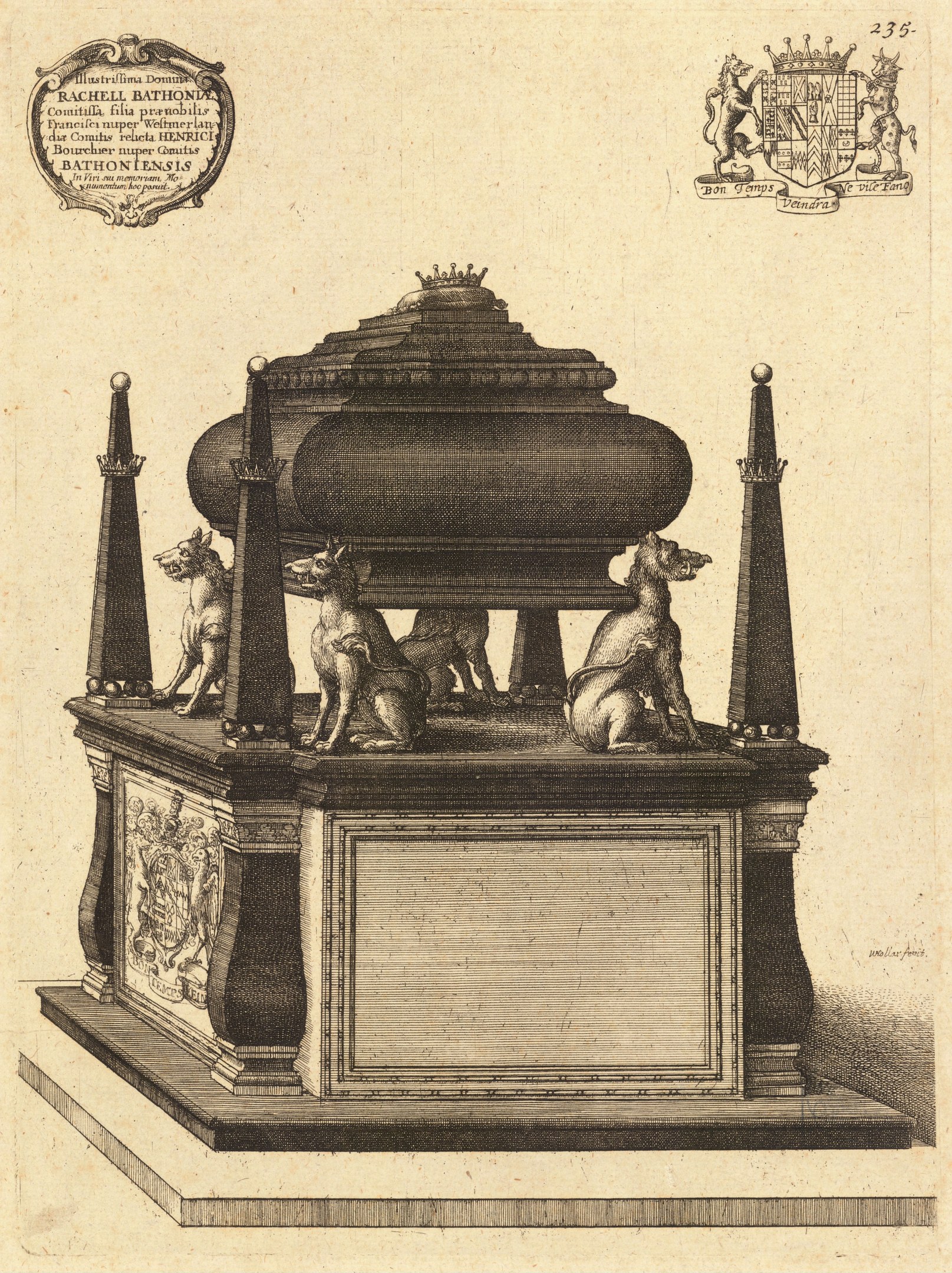 Eine Zeichnung eines Denkmals mit einer Statue eines Hundes auf einem sarkophagähnlichen Aufbau, umgeben von Skulpturen, Text und einem Logo mit detaillierten Einzelheiten.