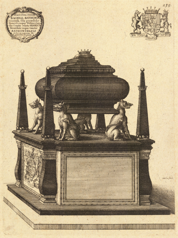 Eine Zeichnung eines Denkmals mit einer Statue eines Hundes auf einem sarkophagähnlichen Aufbau, umgeben von Skulpturen, Text und einem Logo mit detaillierten Einzelheiten.