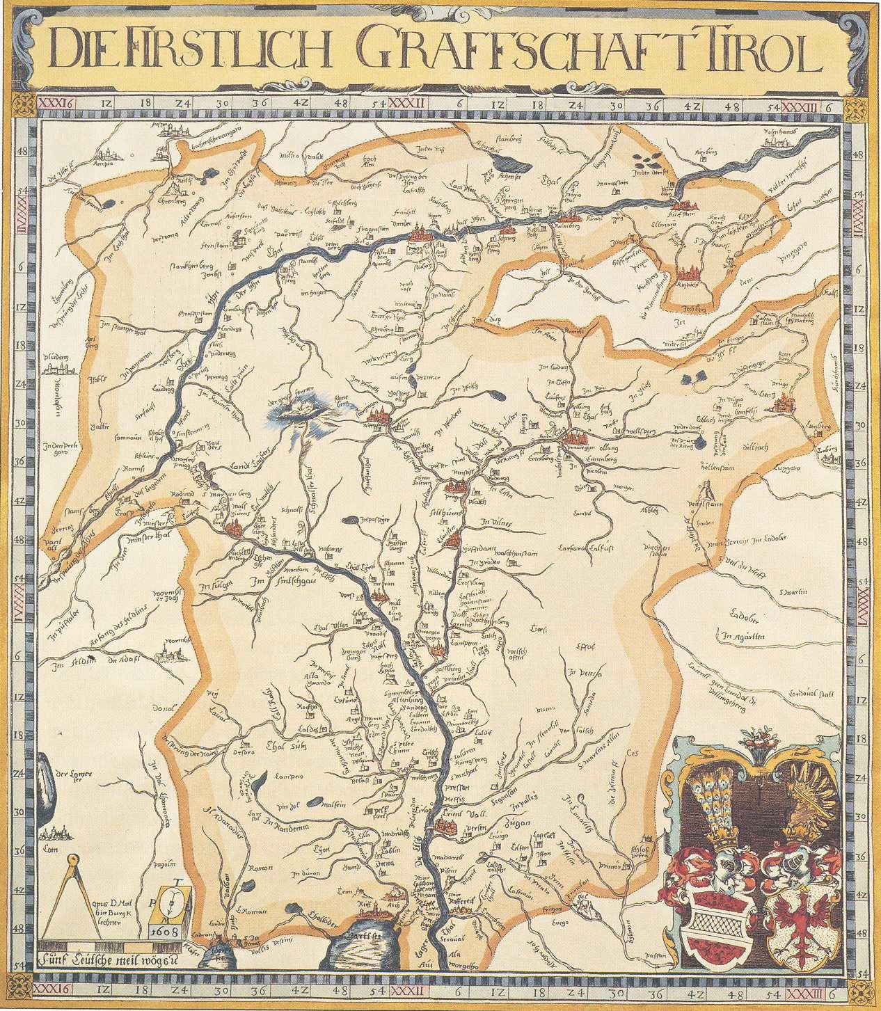 Ein historisches Plakat der ersten Grafschaft Tirol-Karte, das geografische Merkmale wie Flüsse, Berge und Städte zeigt und von beschreibendem Text begleitet wird.