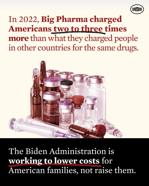 Plakat mit Text, der besagt, dass Big Pharma 2022 Amerikaner zwei bis drei Mal mehr für dieselben Medikamente berechnet hat, mit Bildern von Medikamentenflaschen und einer Spritze.