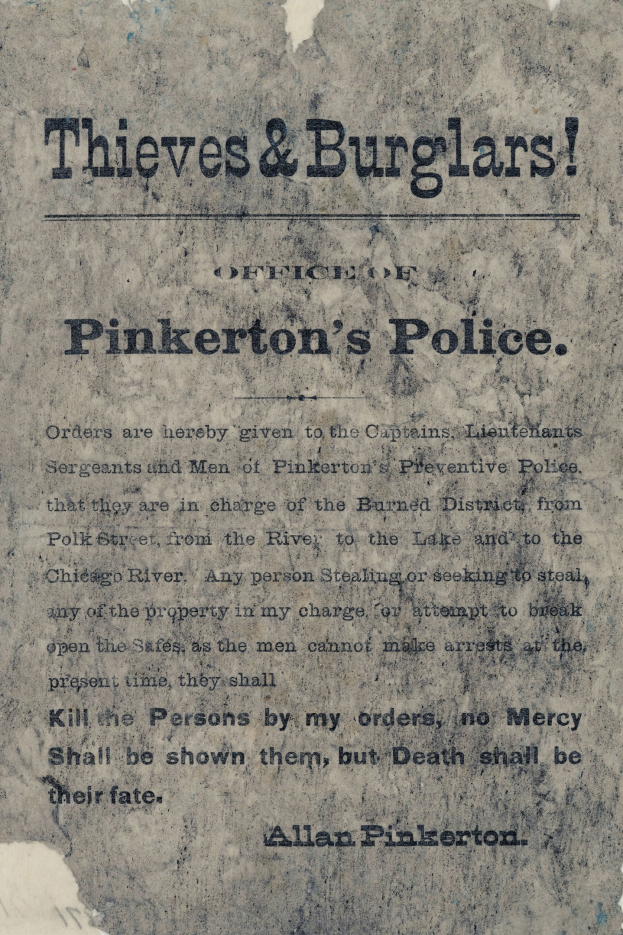 Ein Plakat mit fetter schwarzer Schrift, die "Thieves & Burglars Pinkerton's Police" lautet, auf einem weißen Hintergrund, umrahmt von einem schmalen schwarzen Rand.