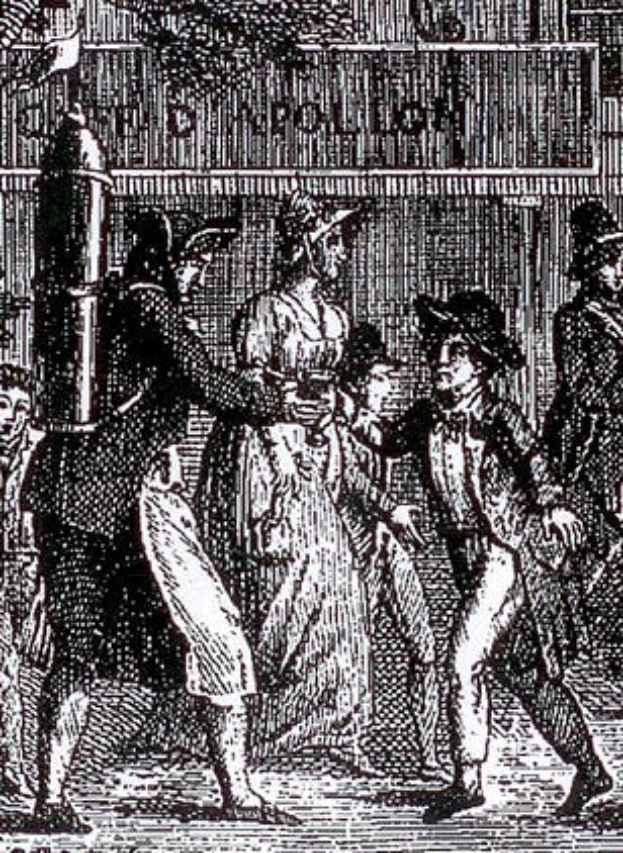 Schwarz-weiß-Zeichnung einer Gruppe verzweifelter Menschen, die eine Straße entlanglaufen, vorbei an einem Gebäude, mit dem Text "Victorian Riots in London" unten.