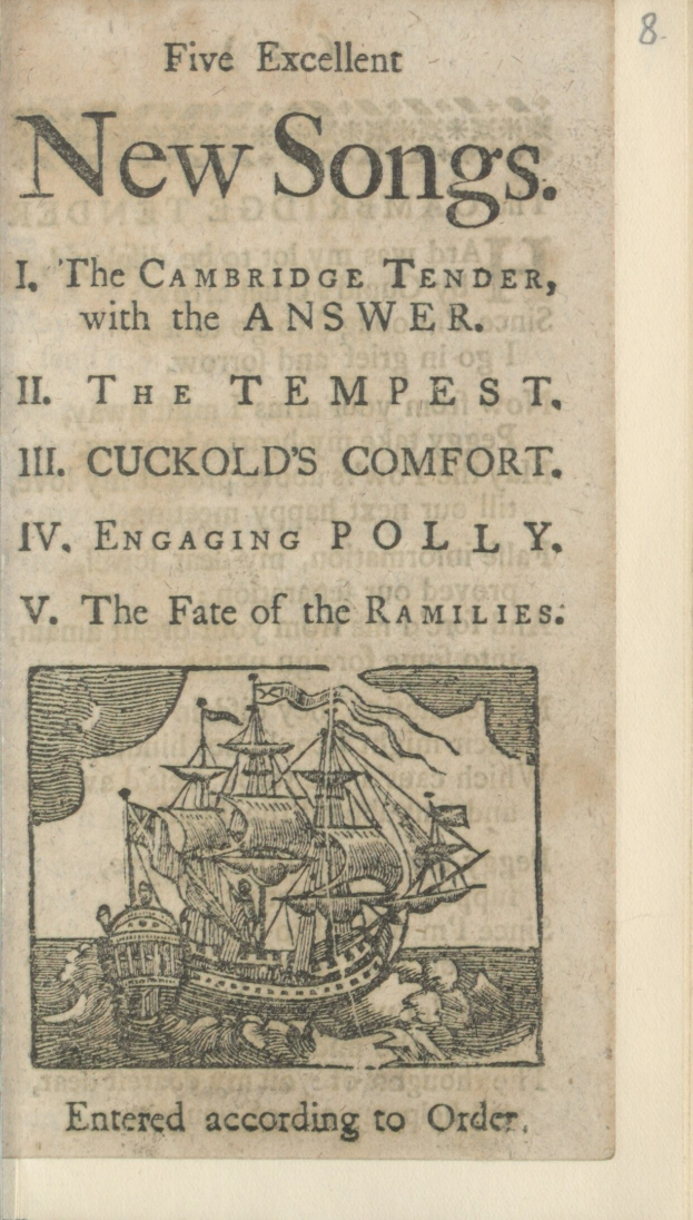 Altes Buchcover mit einem Schiff, das auf Wasser segelt, und dem Text "Fünf ausgezeichnete neue Lieder" und einem blauen Himmel mit Wolken.