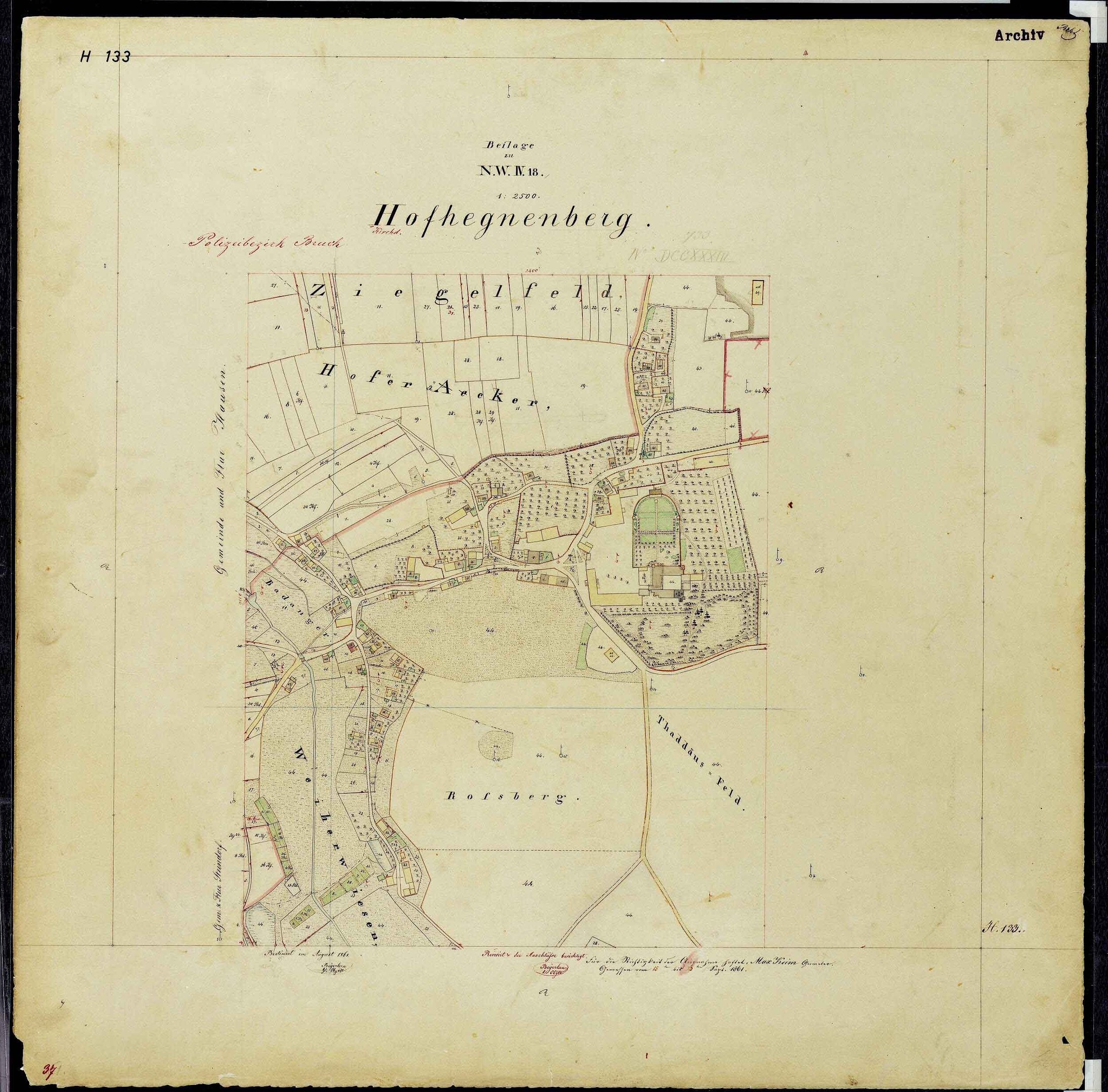 Alte Karte von Hofhegenberg, Deutschland, mit Straßen, Gebäuden und Sehenswürdigkeiten in Schwarz umrandet.