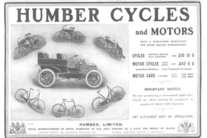 Eine Anzeige für Humber Cycles und Motors, die verschiedene Fahrzeuge und Fahrräder zeigt.