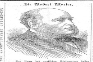 Eine Schwarz-Weiß-Zeichnung eines bärtigen Mannes, der als Robert Morier identifiziert wird, der auf einem Blatt Papier steht, das wahrscheinlich seine Rolle in der Deutschen Revolution beschreibt.