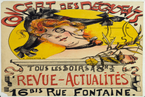 Ein Plakat, das ein Konzert der Decadents ankündigt, mit einer Frau mit menschlichem Gesicht und Texten über das Ereignis.