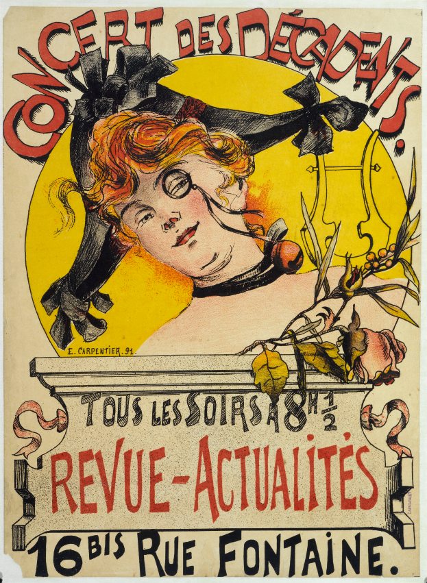 Ein Plakat, das ein Konzert der Decadents ankündigt, mit einer Frau mit menschlichem Gesicht und Texten über das Ereignis.