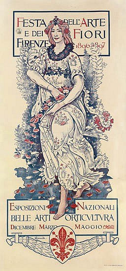 Plakat für ein italienisches Festival, das eine Frau in einem langen weißen Kleid mit hohem Kragen und einem Knoten zeigt, vor einem hellblauen Hintergrund mit fetter schwarzer Schrift.