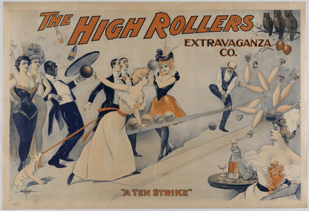 Vintage 1920er-Plakat für die High Rollers Extravaganza Co., das Menschen in historischer Kleidung beim Bowling zeigt, mit der großen Schrift 'Ein Zehner' darüber, in leuchtenden Blauen, Grünen und Gelben.