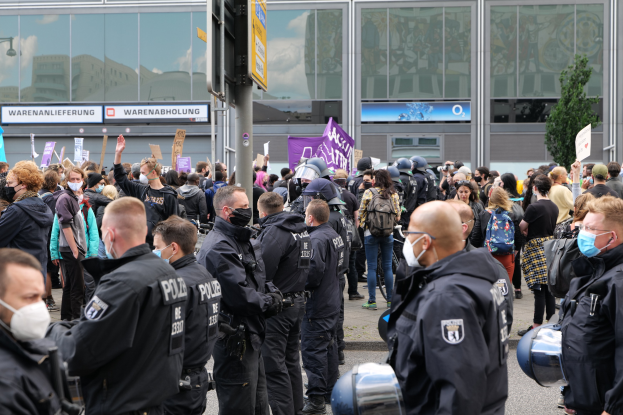 Eine große Gruppe von Menschen protestiert vor einem Gebäude, einige halten Schilder und tragen Helme, mit einem Pfahl und einem Schild im Vordergrund und einem Baum im Hintergrund.
