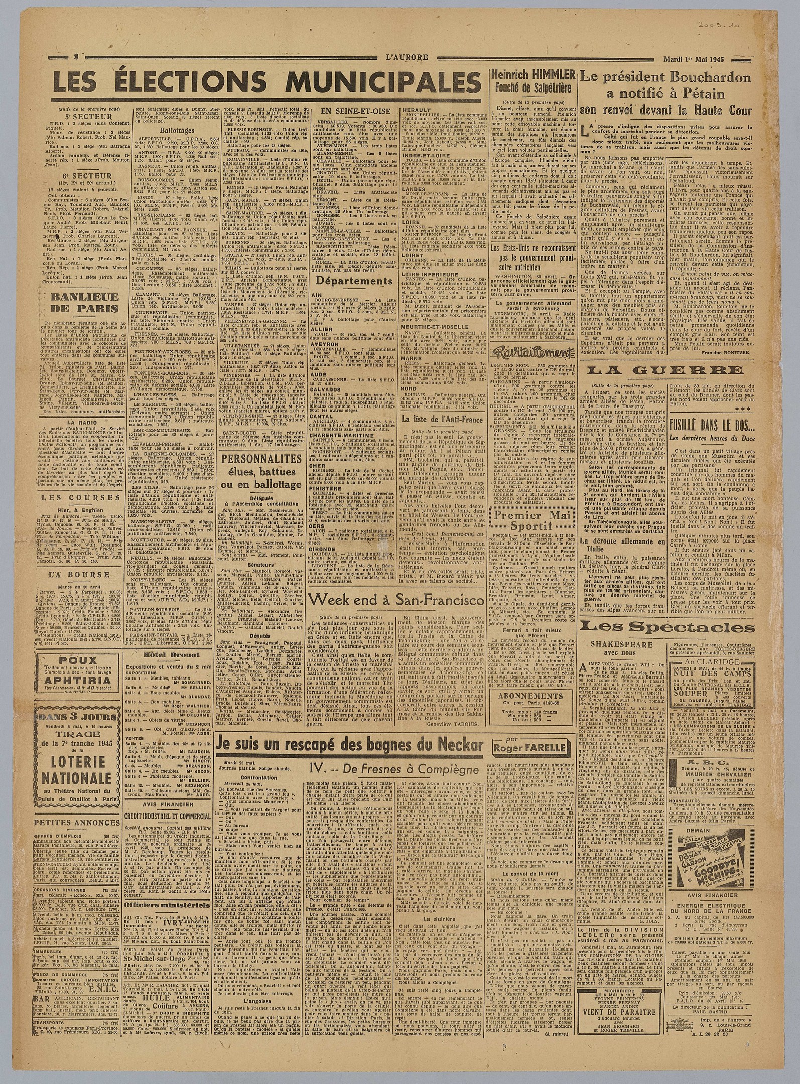 Titelseite der französischen Zeitung *Les Élections Municipales* mit weißem Hintergrund und dichter Text über Kommunalwahlen.