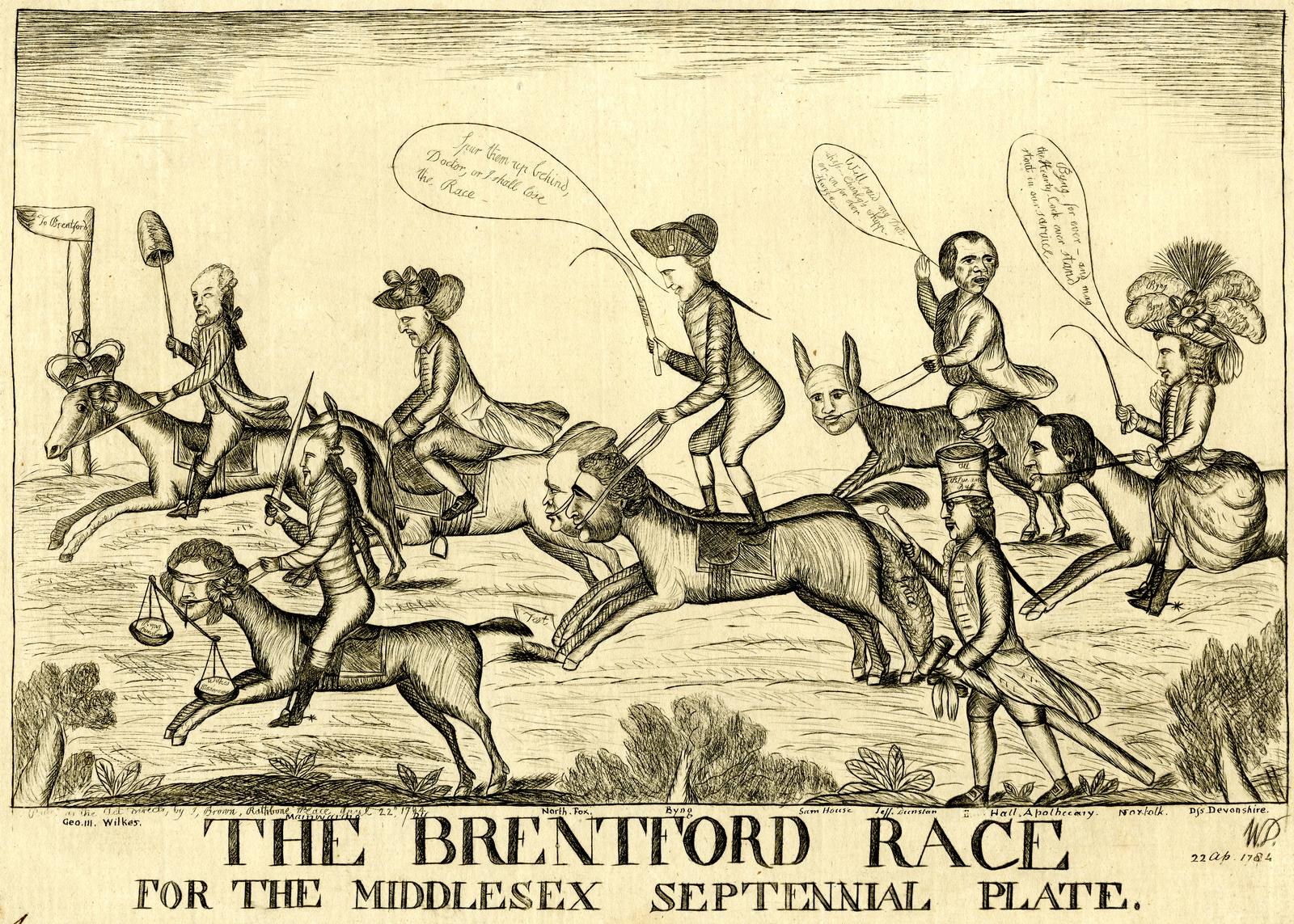 Plakat, das ein Pferderennen mit Reitern in einem Feld zeigt, Pflanzen im Hintergrund und Text unten.