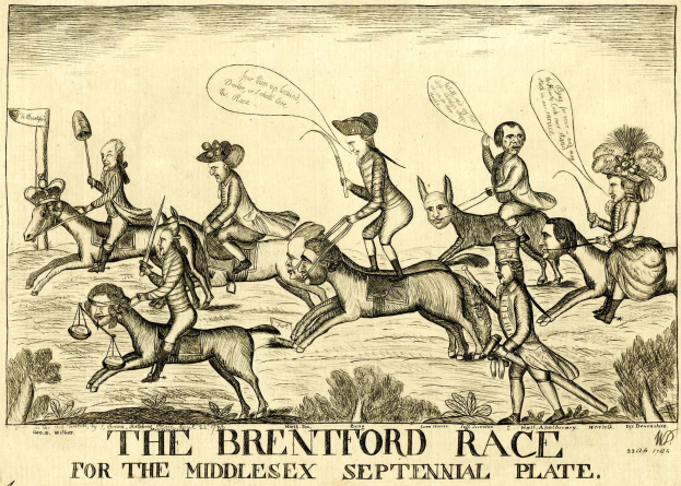 Plakat, das ein Pferderennen mit Reitern in einem Feld zeigt, Pflanzen im Hintergrund und Text unten.