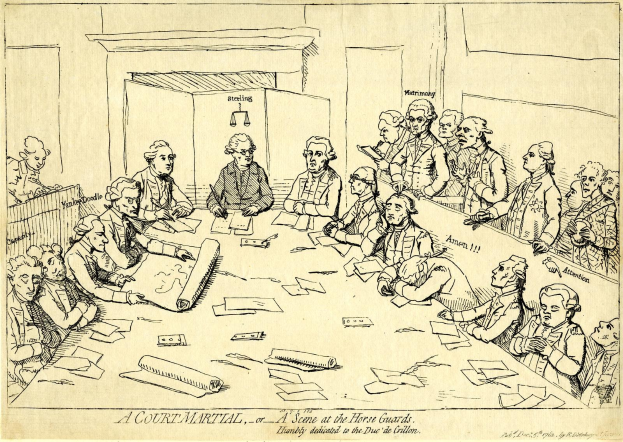 Gerichtssaal-Szene mit um einen mit Papieren und Gegenständen bedeckten Tisch sitzenden Anwälten.